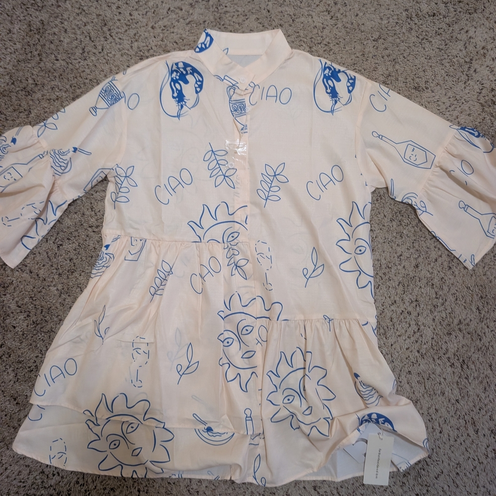 Commense Cream and Blue Patterned Blouse